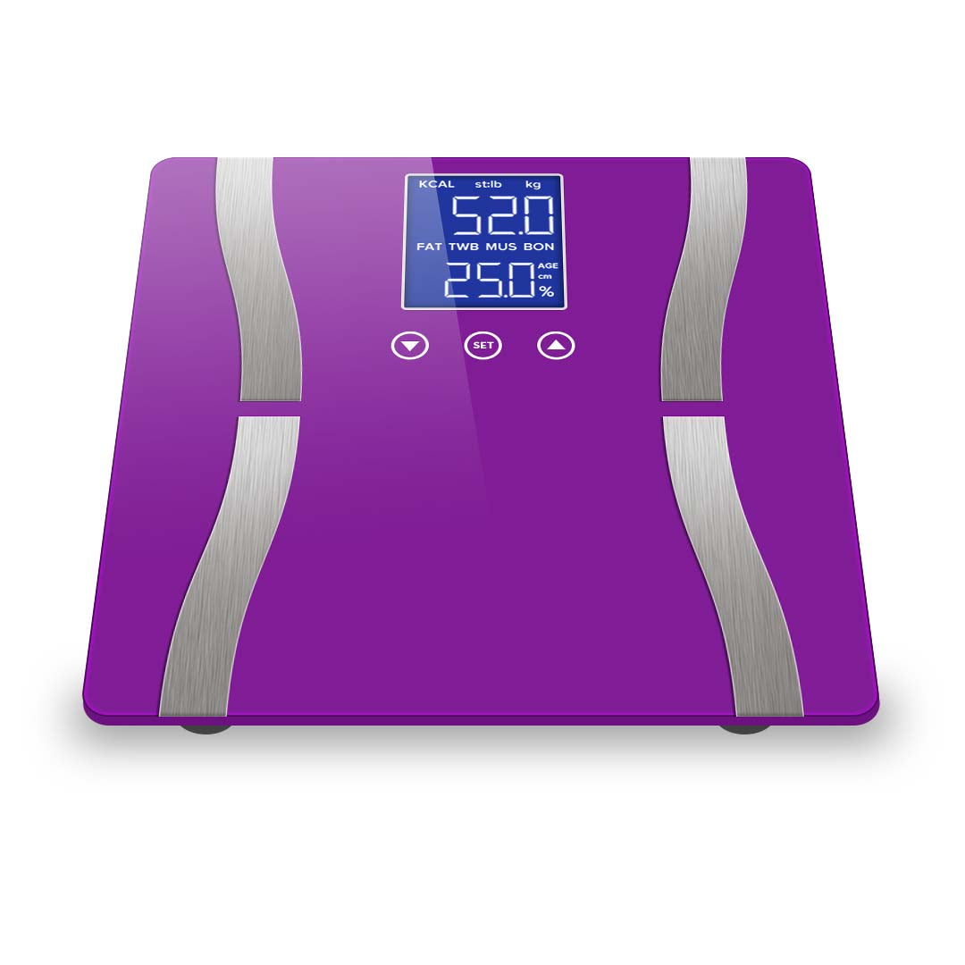 SOGA Glass LCD Digital Body Fat Scale Bathroom Electronic Gym Water Weighing Scales Purple • LUZ-BodyFatScalePurple