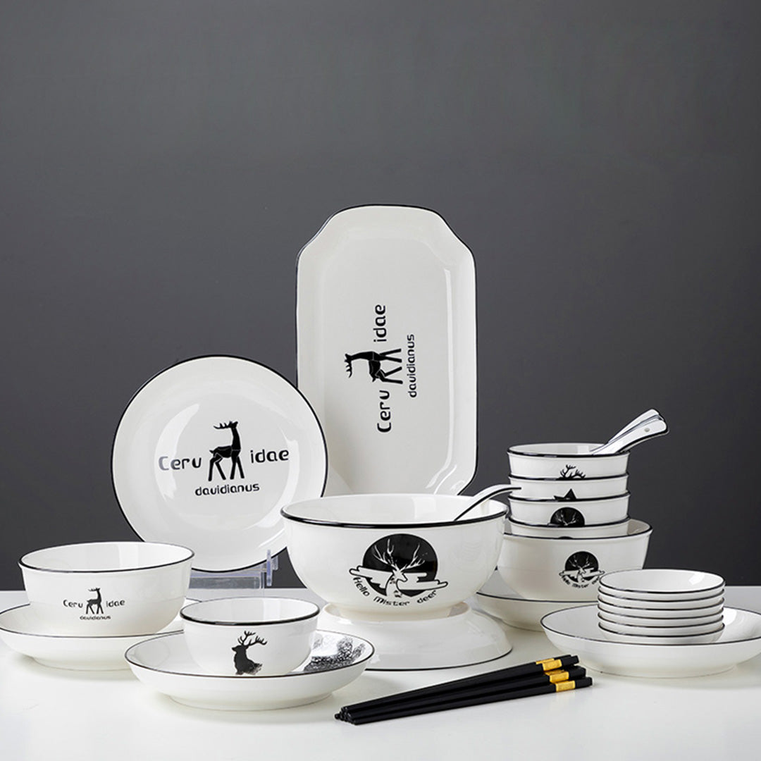 SOGA White Antler Printed Ceramic Dinnerware Set Crockery Soup Bowl Plate Server Kitchen Home Decor Set of 20 • LUZ-BowlG774