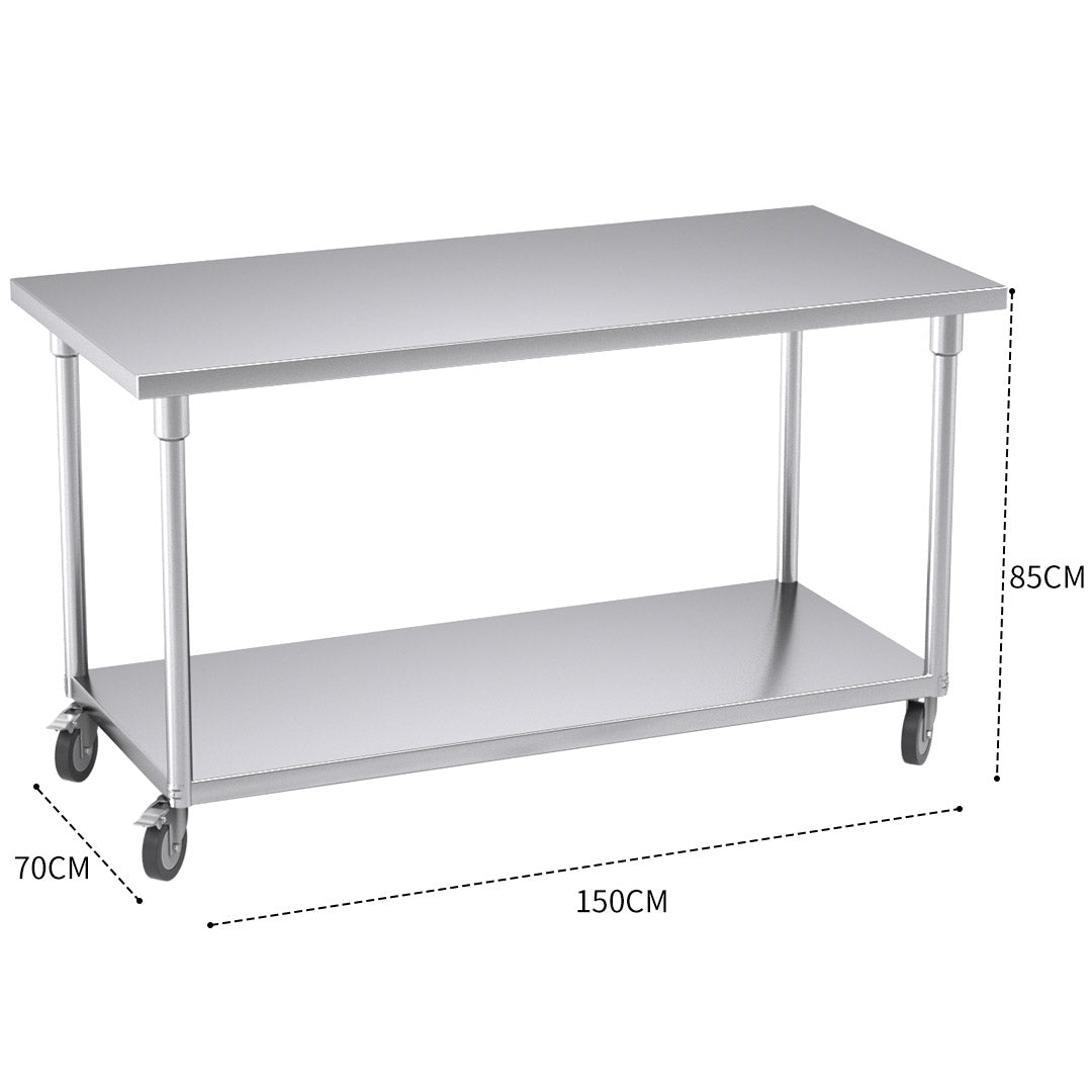 SOGA 150cm Commercial Catering Kitchen Stainless Steel Prep Work Bench Table with Wheels • LUZ-WorkBenchSS8010150CM