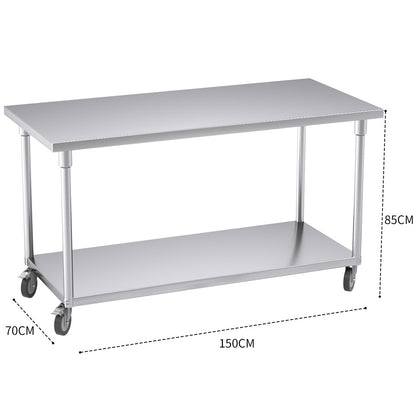SOGA 150cm Commercial Catering Kitchen Stainless Steel Prep Work Bench Table with Wheels • LUZ-WorkBenchSS8010150CM