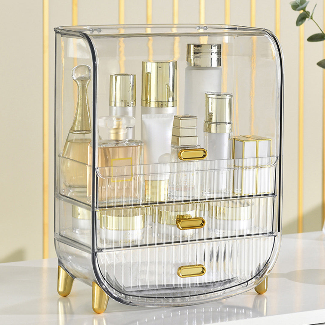 SOGA 3 Tier Transparent Multifunctional Countertop Cosmetic Storage Makeup Perfume Skincare Display Stand Shelf Drawer Type Organiser LUZ-BathC125