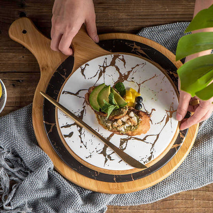 SOGA 2X 30cm White Circle Wooden Serving Tray Slate Steak Serving Platter Chopping Board Paddle Home Decor • LUZ-WodE595X2