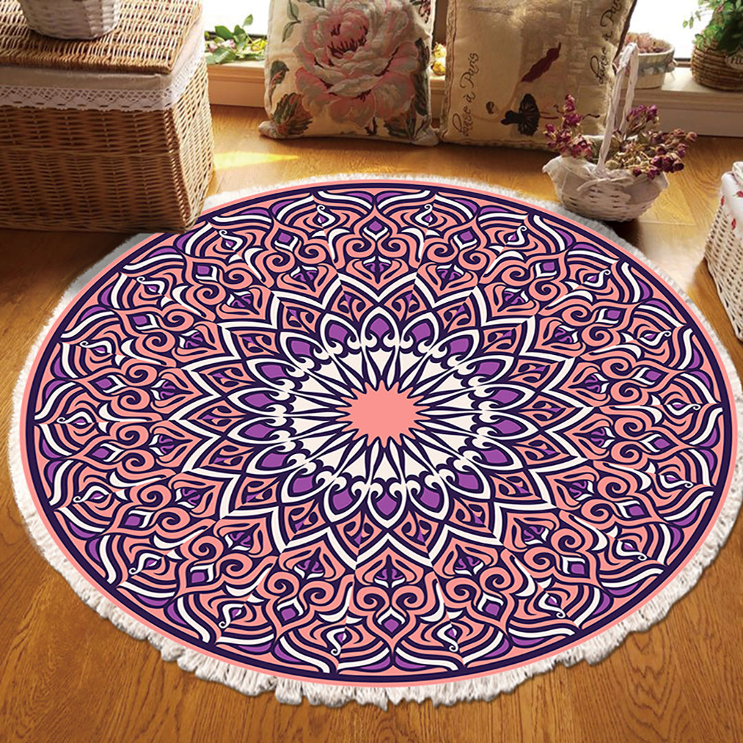 SOGA 2X 90cm Purple Mandala Round Carpet for Living Room Bedroom Anti-slip Doormat, Home Decor • LUZ-CarpetRAG2X2
