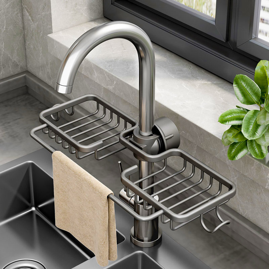 SOGA 2XDark Grey Kitchen Sink Organiser Faucet Soap Sponge Caddy Rack Drainer with Towel Bar Holder LUZ-TAN1030X2