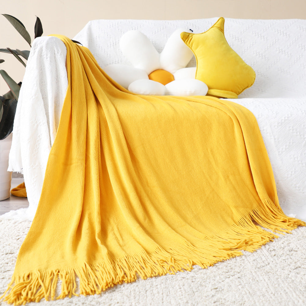 SOGA 2X Yellow Acrylic Knitted Throw Blanket Solid Fringed Warm Cozy Woven Cover Couch Bed Sofa Home Decor • LUZ-Blanket916X2