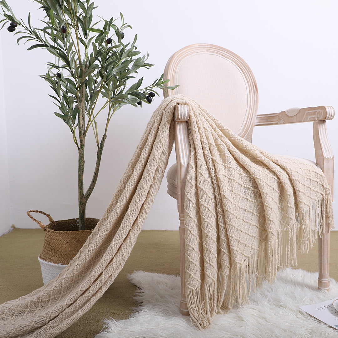 SOGA Beige Diamond Pattern Knitted Throw Blanket Warm Cozy Woven Cover Couch Bed Sofa Home Decor with Tassels LUZ-Blanket922