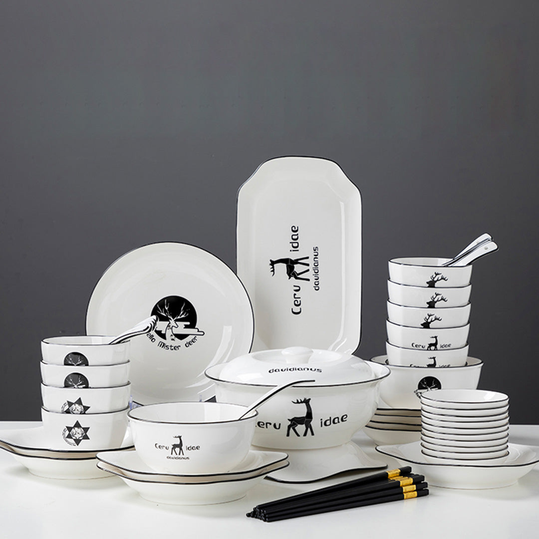 SOGA White Antler Printed Ceramic Dinnerware Set Crockery Soup Bowl Plate Server Kitchen Home Decor Set of 34 • LUZ-BowlG777