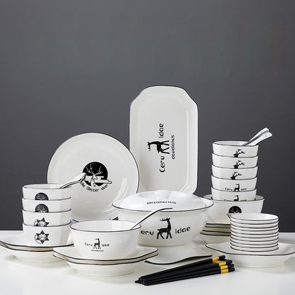 SOGA White Antler Printed Ceramic Dinnerware Set Crockery Soup Bowl Plate Server Kitchen Home Decor Set of 34 • LUZ-BowlG777
