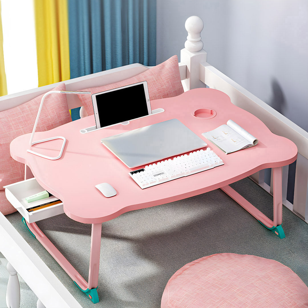 SOGA Pink Portable Bed Table Adjustable Folding Mini Desk With Mini Drawer and Cup-Holder Home Decor • LUZ-BedTableM667