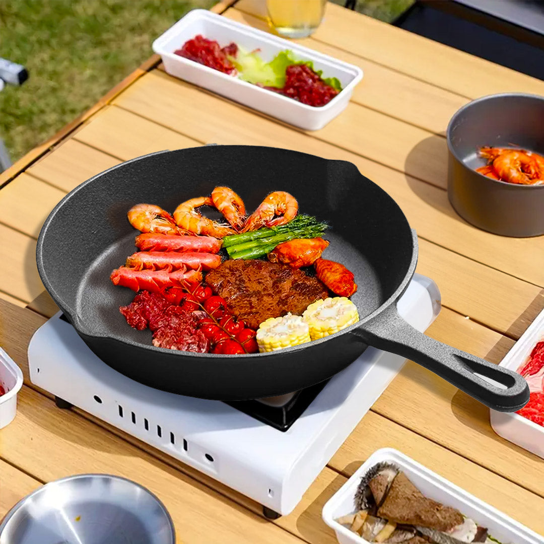 SOGA 2X 26cm Round Cast Iron Frying Pan Skillet Steak Sizzle Platter with Handle • LUZ-ZPai007X2