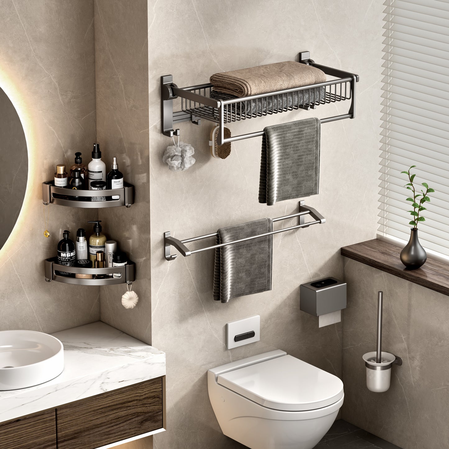 SOGA 50cm Wall-Mounted Double Pole Towel Holder Bathroom Organiser Rail Hanger with Hooks • LUZ-TAN1015