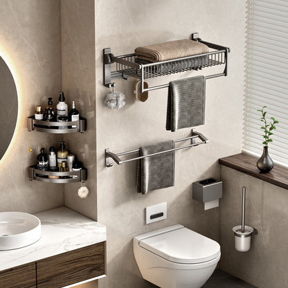 SOGA 50cm Wall-Mounted Double Pole Towel Holder Bathroom Organiser Rail Hanger with Hooks • LUZ-TAN1015