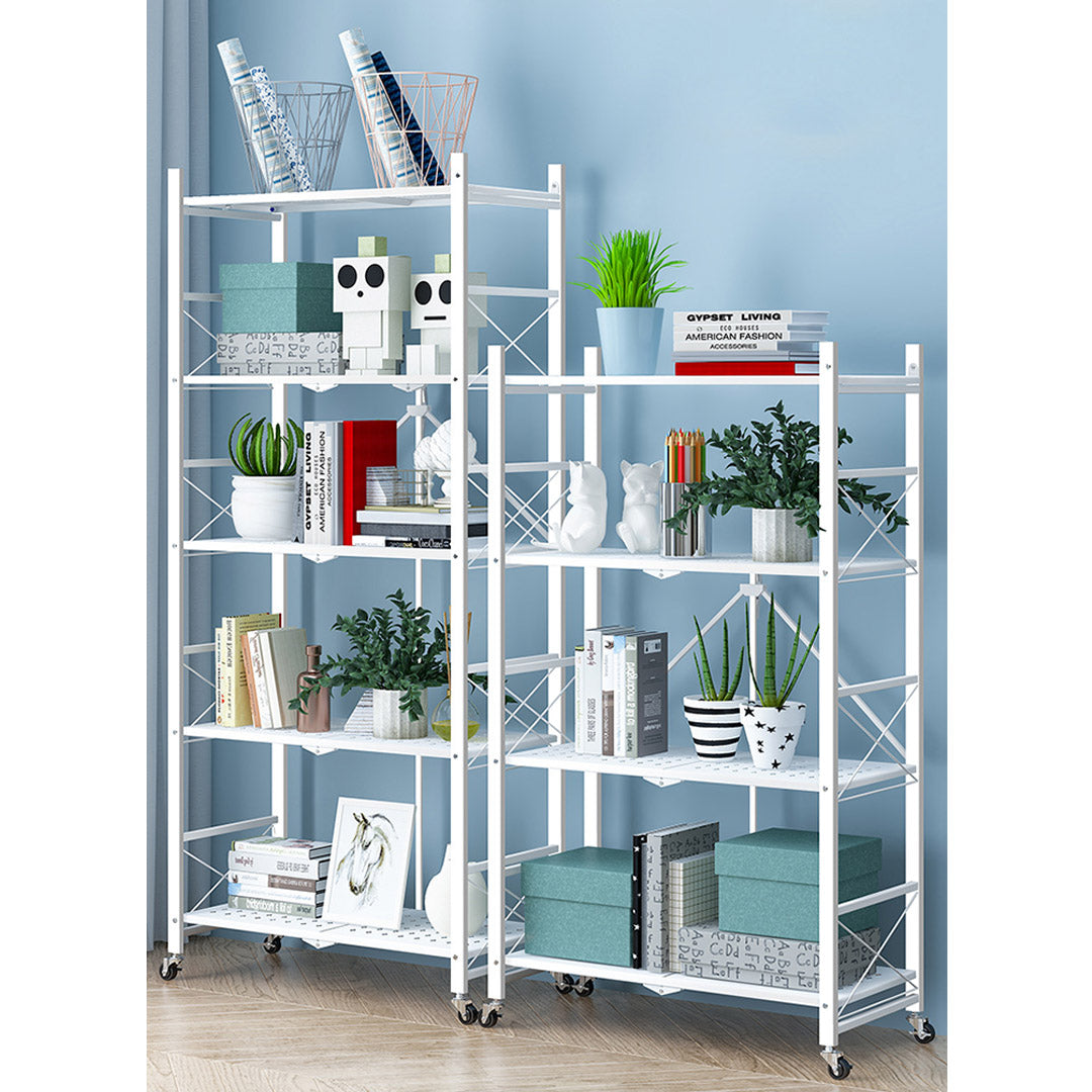 SOGA 4 Tier Steel White Foldable Display Stand Multi-Functional Shelves Portable Storage Organizer with Wheels • LUZ-KitchenXY029