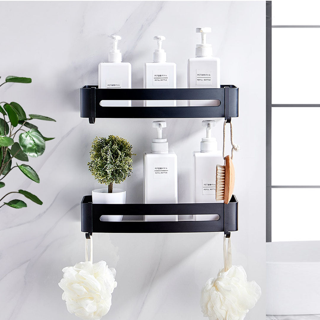 SOGA 2X Black Wall-Mounted Rectangular Bathroom Storage Organiser Space Saving Adhesive Shelf Rack with Hooks LUZ-TAN1009X2