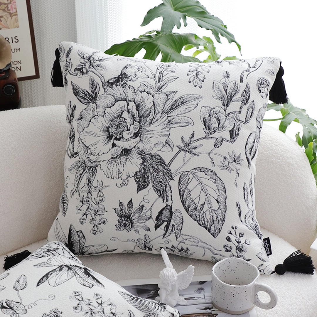 SOGA 2X 50cm Throw Pillow  Black and White Elegant Floral Print with Tassel Accents Home Decor • LUZ-FrenchCushion341X2