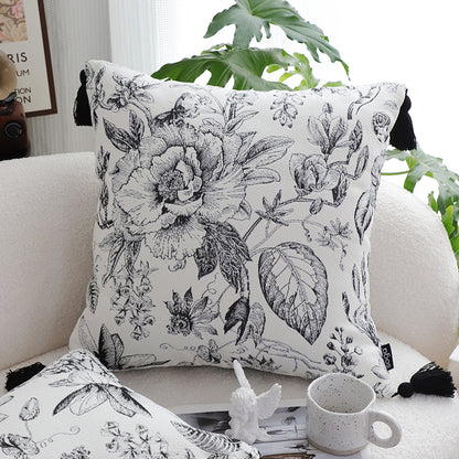 SOGA 2X 50cm Throw Pillow  Black and White Elegant Floral Print with Tassel Accents Home Decor • LUZ-FrenchCushion341X2
