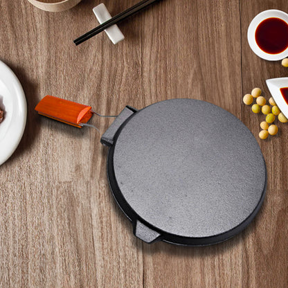 SOGA 24cm Round Ribbed Cast Iron Steak Frying Grill Skillet Pan with Folding Wooden Handle • LUZ-ZPai026