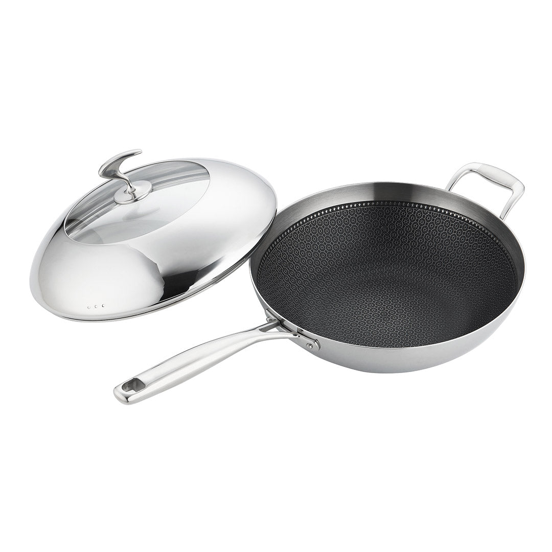 SOGA 2X 18/10 Stainless Steel Fry Pan 32cm Frying Pan Top Grade Non Stick Interior Skillet with Helper Handle and Lid • LUZ-TRIFPT32X2