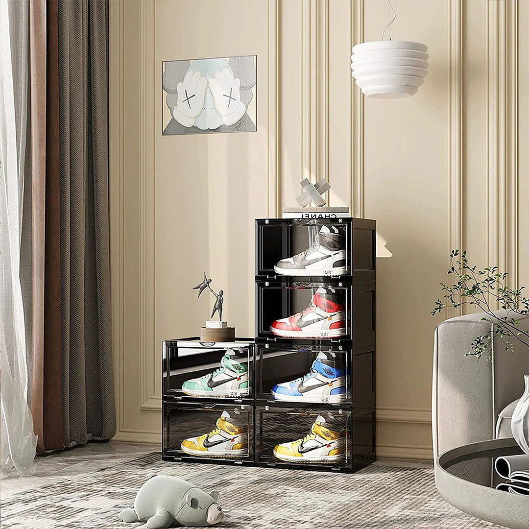 SOGA 2 Tier Black Portable Shoe Organiser Sneaker Footwear Folding Plastic Bin Stackable Storage Box with Magnetic Door • LUZ-ShoeA8002BLK