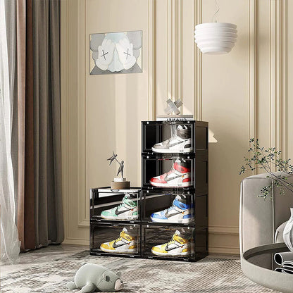 SOGA 2 Tier Black Portable Shoe Organiser Sneaker Footwear Folding Plastic Bin Stackable Storage Box with Magnetic Door • LUZ-ShoeA8002BLK