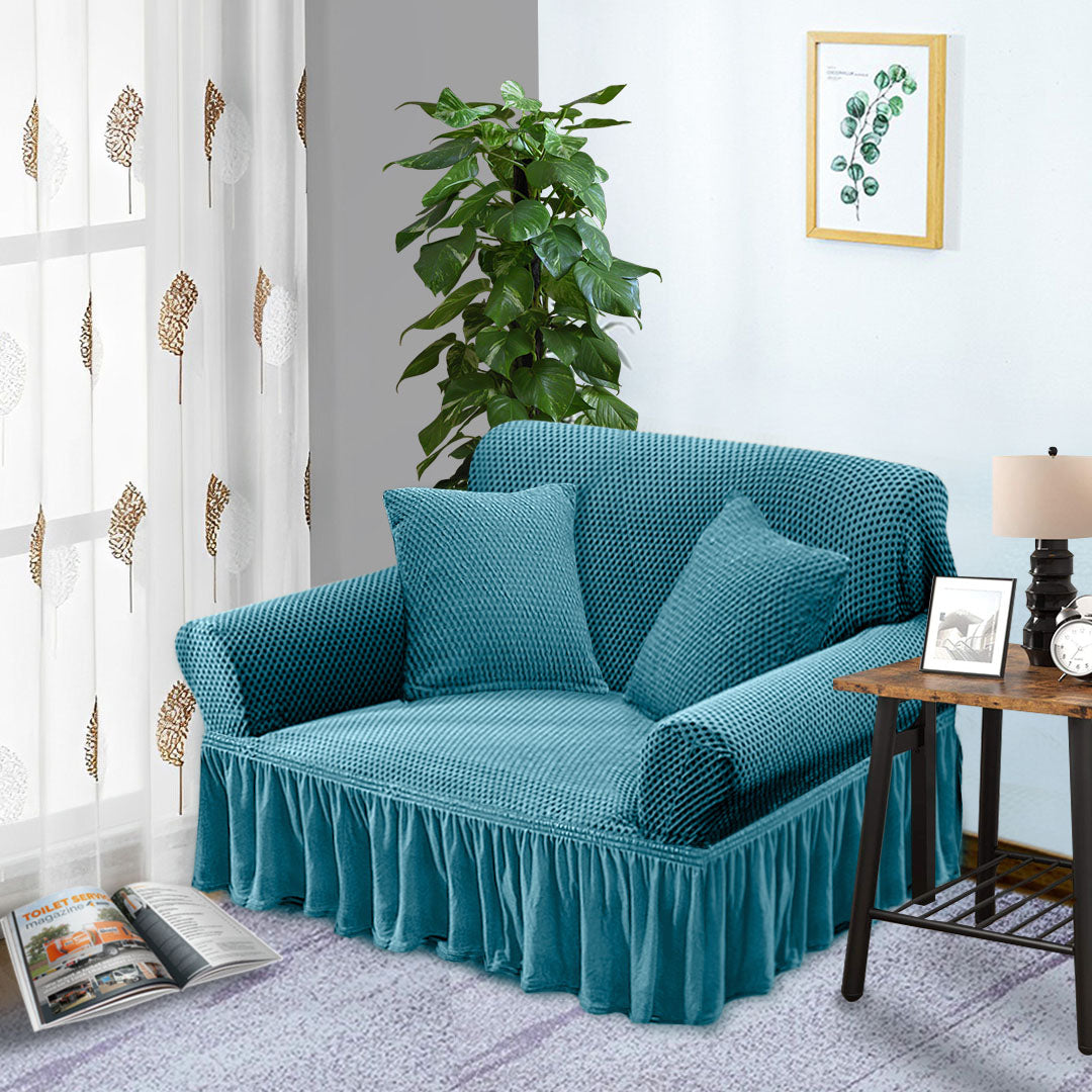 SOGA 2-Seater Blue Sofa Cover with Ruffled Skirt Couch Protector High Stretch Lounge Slipcover Home Decor • LUZ-SofaCov15