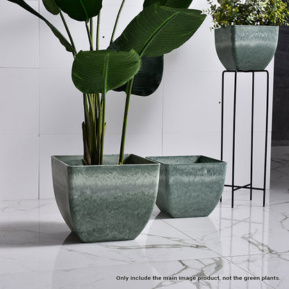 SOGA 2X 32cm Green Grey Square Resin Plant Flower Pot in Cement Pattern Planter Cachepot for Indoor Home Office • LUZ-FPotF3219X2