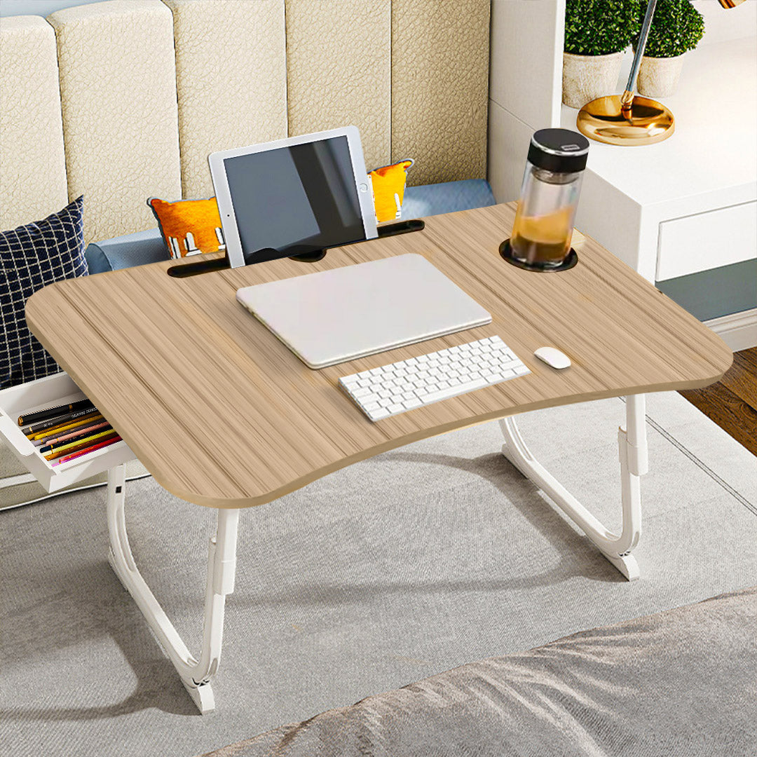 SOGA 2X Oak Portable Bed Table Adjustable Folding Mini Desk Stand With Cup-Holder Home Decor • LUZ-BedTableM664X2