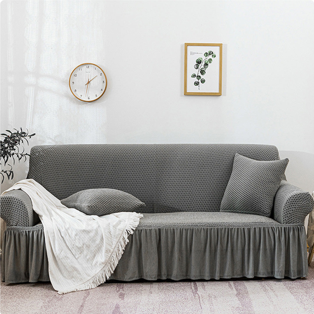 SOGA 3-Seater Grey Sofa Cover with Ruffled Skirt Couch Protector High Stretch Lounge Slipcover Home Decor • LUZ-SofaCov7