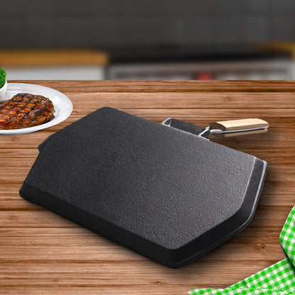 SOGA Rectangular Cast Iron Griddle Grill Frying Pan with Folding Wooden Handle • LUZ-ZPai047
