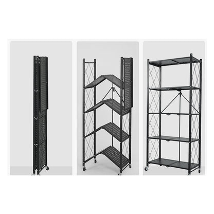 SOGA 5 Tier Steel Black Foldable Kitchen Cart Multi-Functional Shelves Portable Storage Organizer with Wheels • LUZ-KitchenXY003