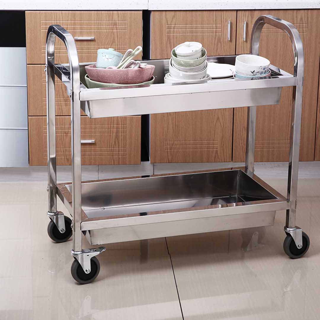 SOGA 2 Tier 85x45x90cm Stainless Steel Kitchen Trolley Bowl Collect Service Food Cart Medium • LUZ-FoodCart1202