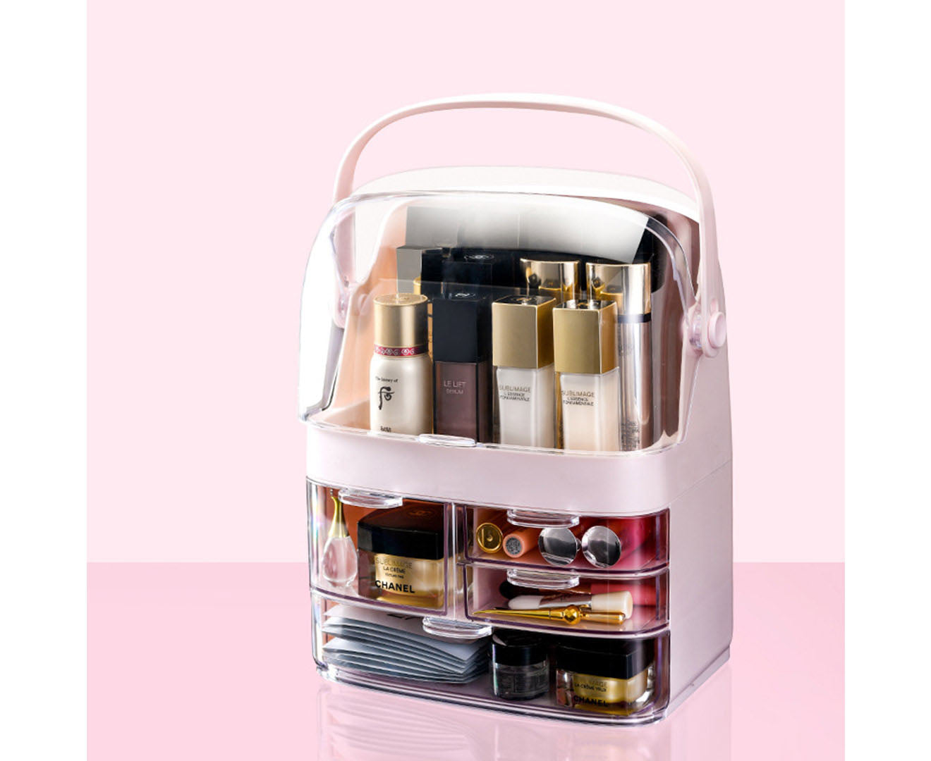 SOGA 2X 3 Tier Pink Countertop Makeup Cosmetic Storage Organiser Skincare Holder Jewelry Storage Box with Handle • LUZ-BathC104X2