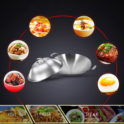 SOGA 2X 3-Ply 42cm Stainless Steel Double Handle Wok Frying Fry Pan Skillet with Lid • LUZ-WokTRIFPG42X2