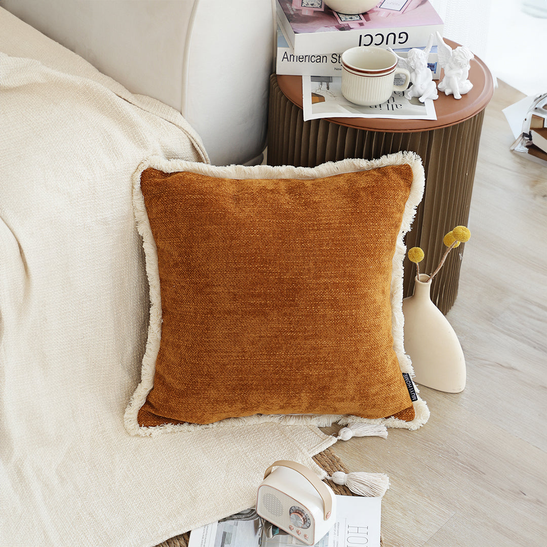 SOGA 45cm Throw Pillow Sunset Orange Chenille Textured with Tassels Stylish Square Cozy Home Decor • LUZ-FrenchCushion279