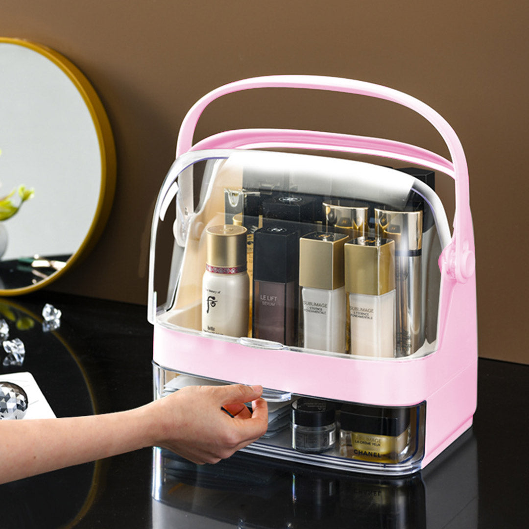 SOGA 2 Tier Pink Countertop Makeup Cosmetic Storage Organiser Skincare Holder Jewelry Storage Box with Handle • LUZ-BathC102