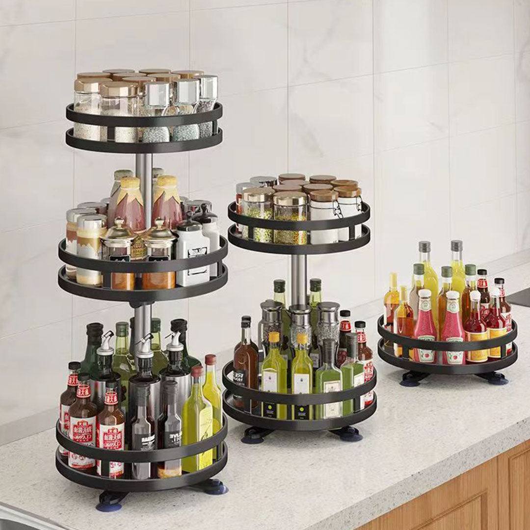 SOGA 2X 2 Tier Steel Black Round Rotating Multi-Function Kitchen Portable Storage Spice Seasoning Kitchen Countertop Organiser Shelf • LUZ-KitchenXY050X2