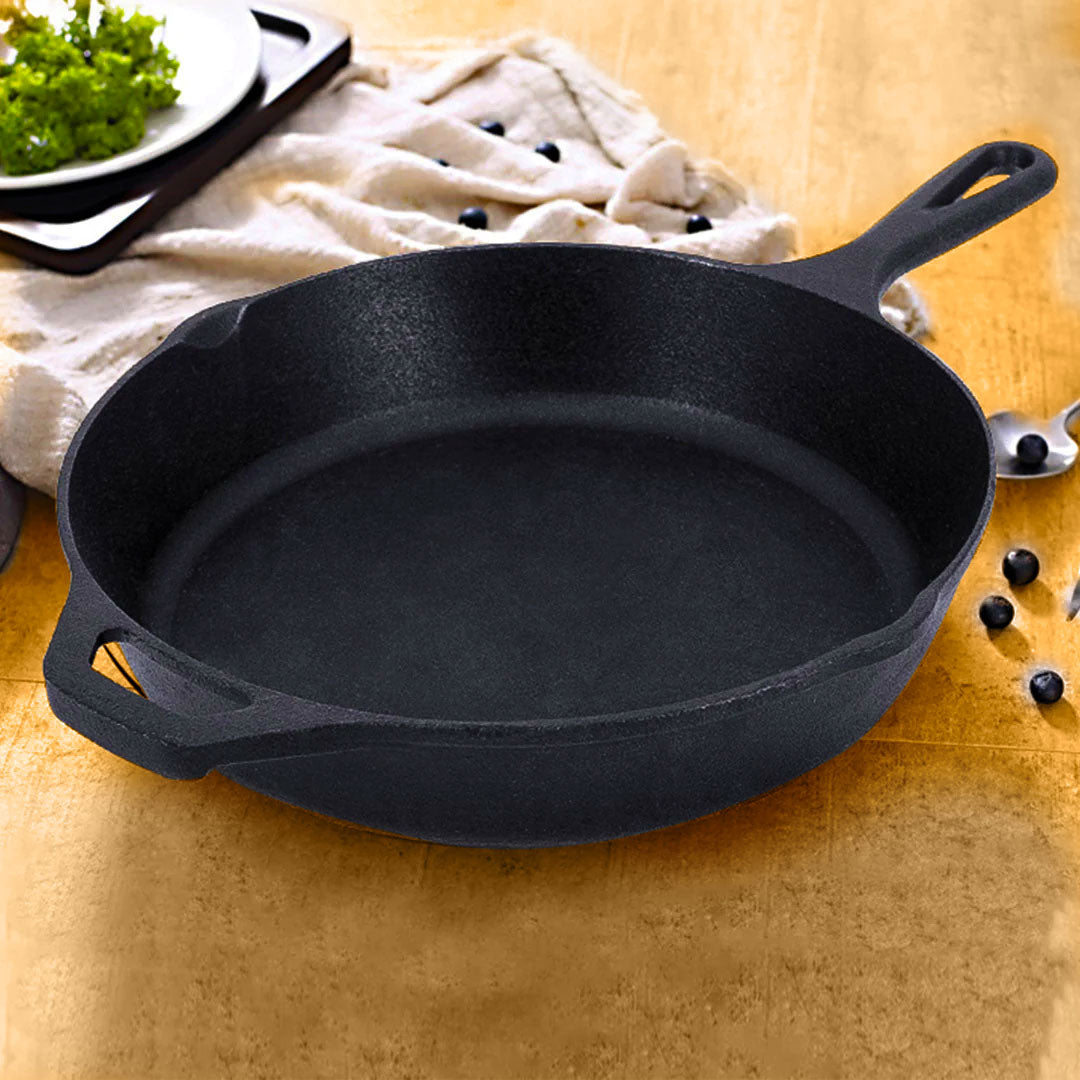 SOGA 2X 30cm Round Cast Iron Frying Pan Skillet Steak Sizzle Platter with Helper Handle • LUZ-ZPai008X2