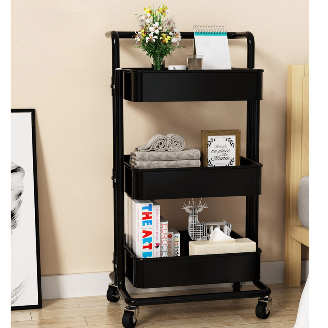 SOGA 2X 3 Tier Steel Black Movable Kitchen Cart Multi-Functional Shelves Portable Storage Organizer with Wheels • LUZ-KitchenXY004X2