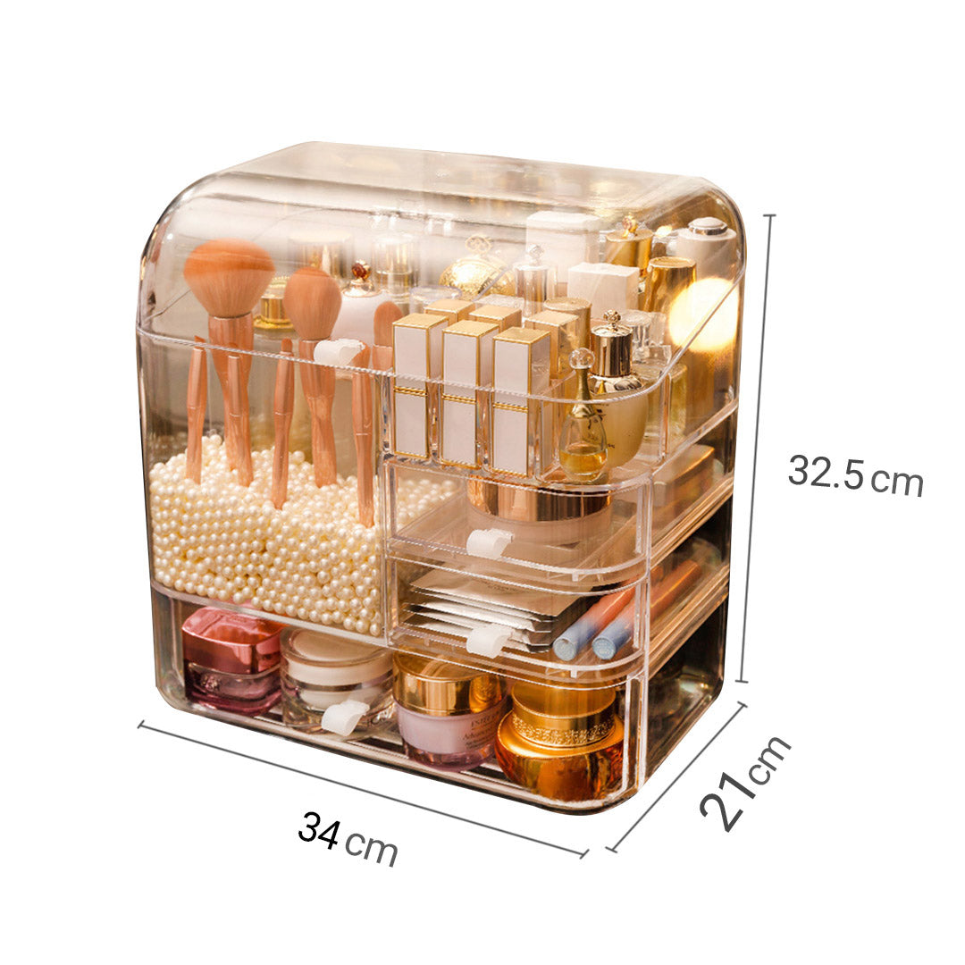 SOGA Transparent Cosmetic Storage Box Clear Makeup Skincare Holder with Lid Drawers Waterproof  Dustproof Organiser with Pearls • LUZ-BathC108