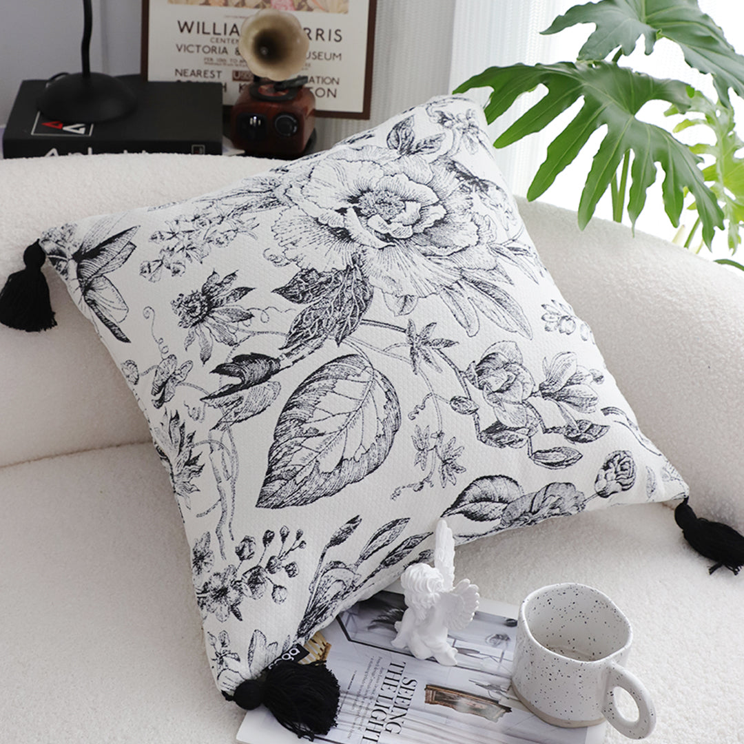 SOGA 50cm Throw Pillow  Black and White Elegant Floral Print with Tassel Accents Home Decor • LUZ-FrenchCushion341