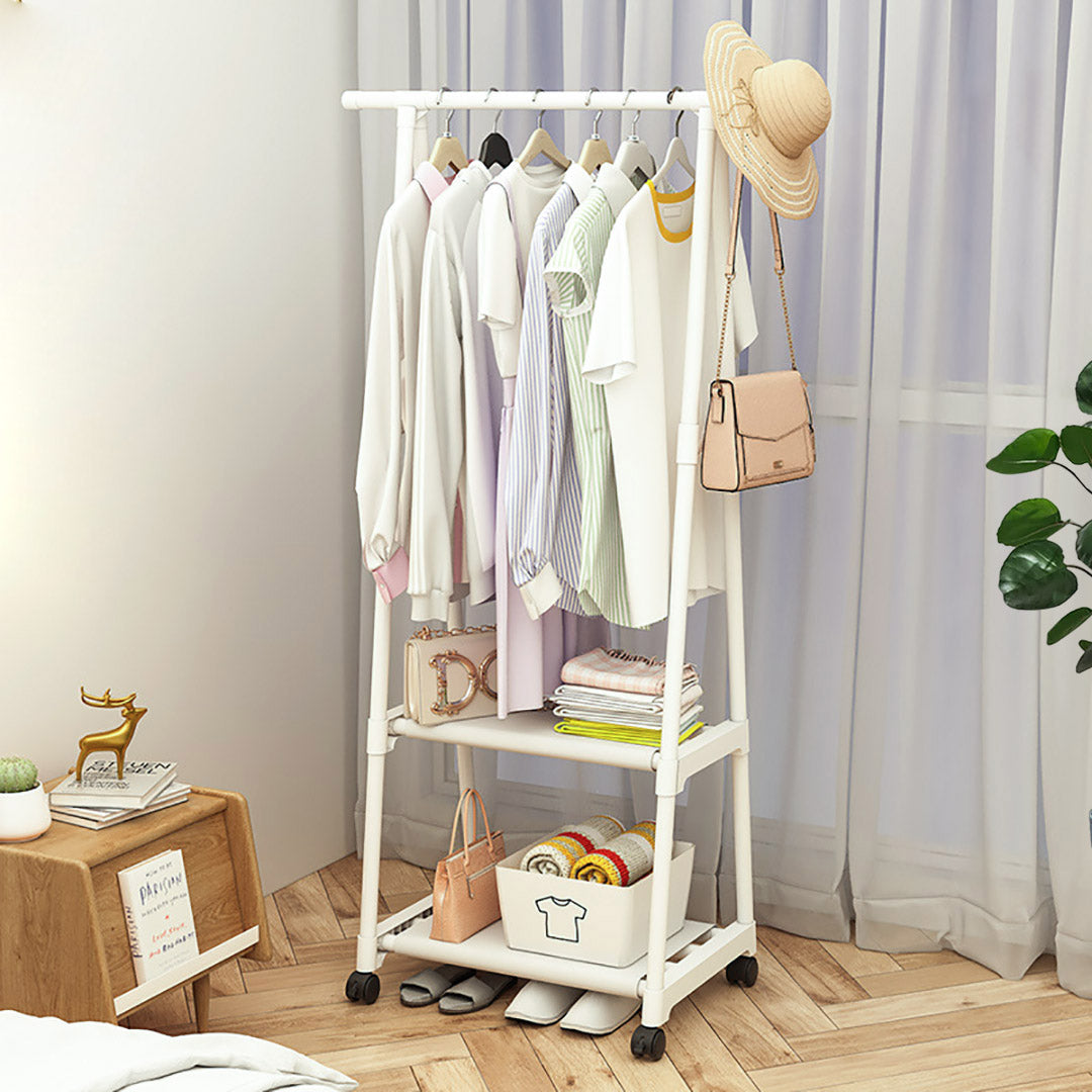 SOGA 2-in-1 Organiser Clothes Shoe Rack Space-Saving Triangular Storage with Wheels White • LUZ-Rack0013