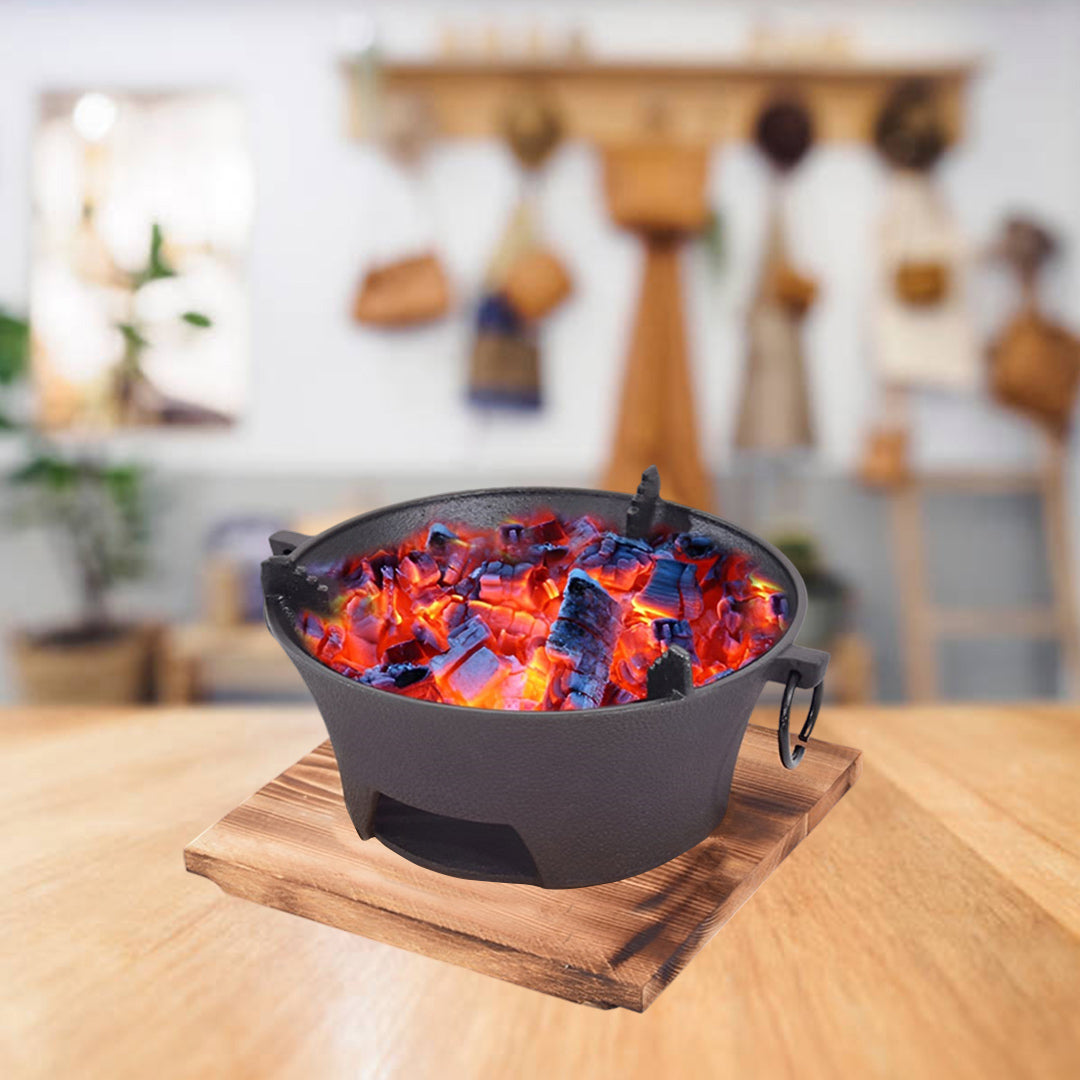 SOGA 2X Medium Cast Iron Round Stove Charcoal Table Net Grill Japanese Style BBQ Picnic Camping with Wooden Board • LUZ-Zpai056MedX2