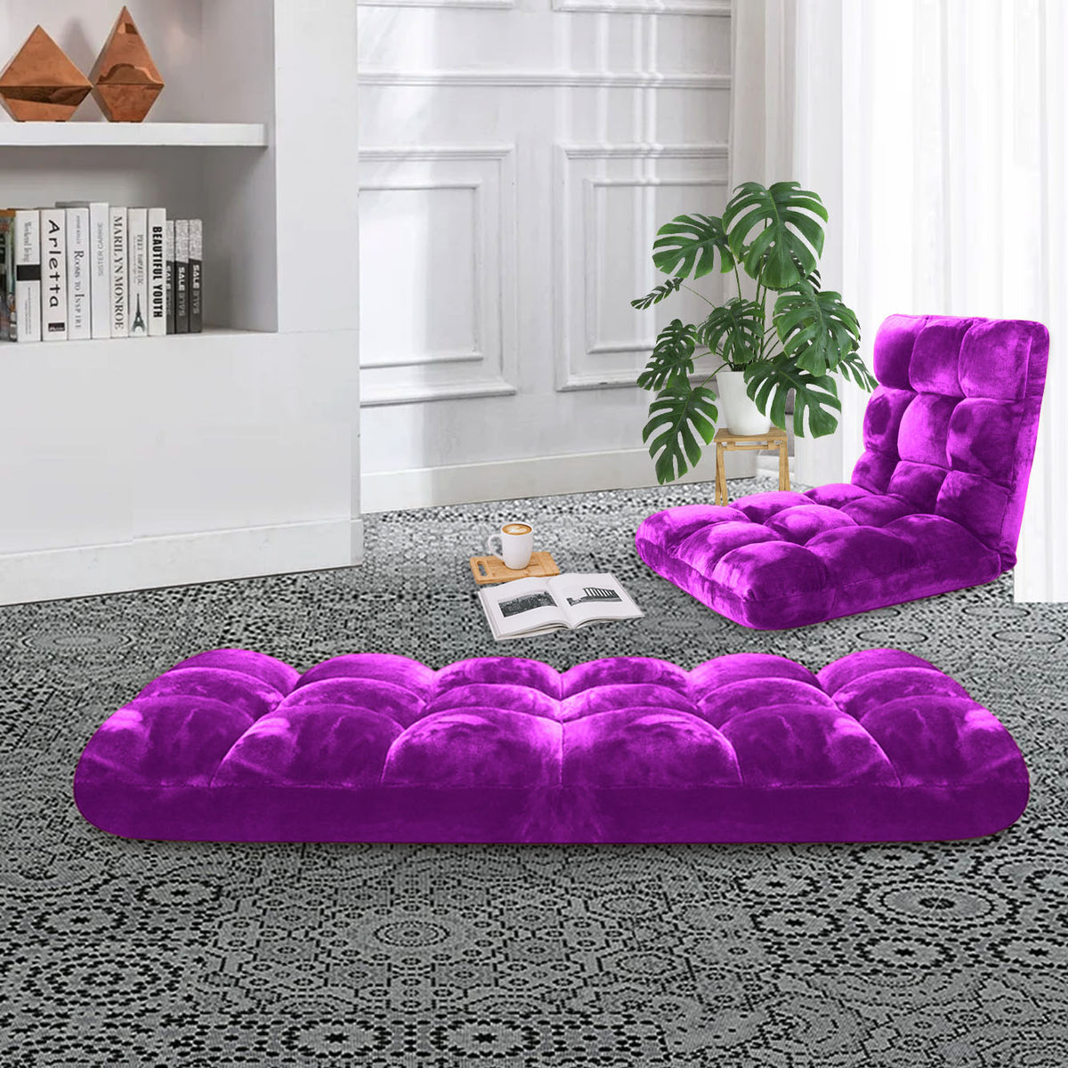 SOGA 2X Floor Recliner Folding Lounge Sofa Futon Couch Folding Chair Cushion Purple • LUZ-LoungeChairPurpleX2