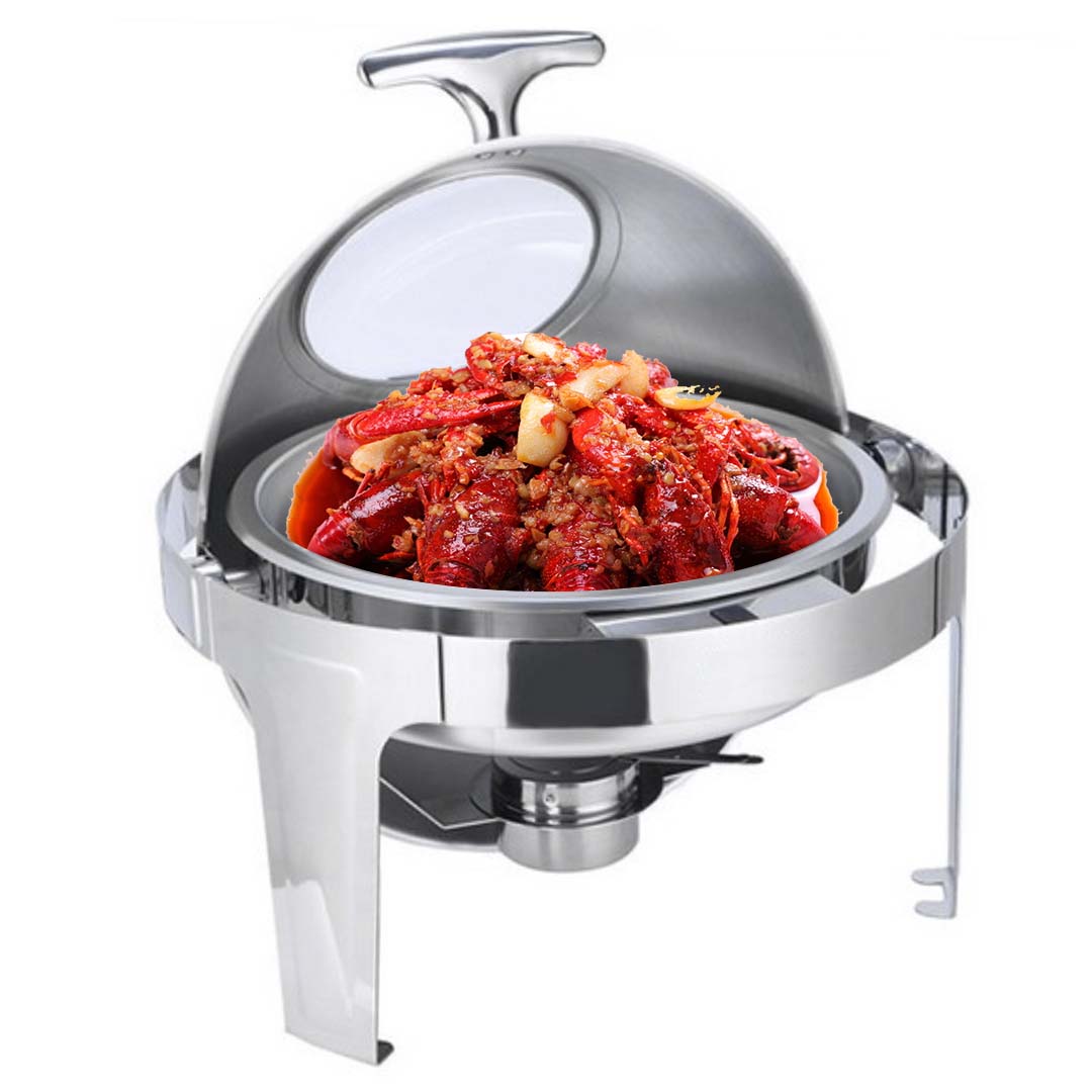 SOGA 2X 6L Round Chafing Stainless Steel Food Warmer with Glass Roll Top • LUZ-ChafingDish5639X2