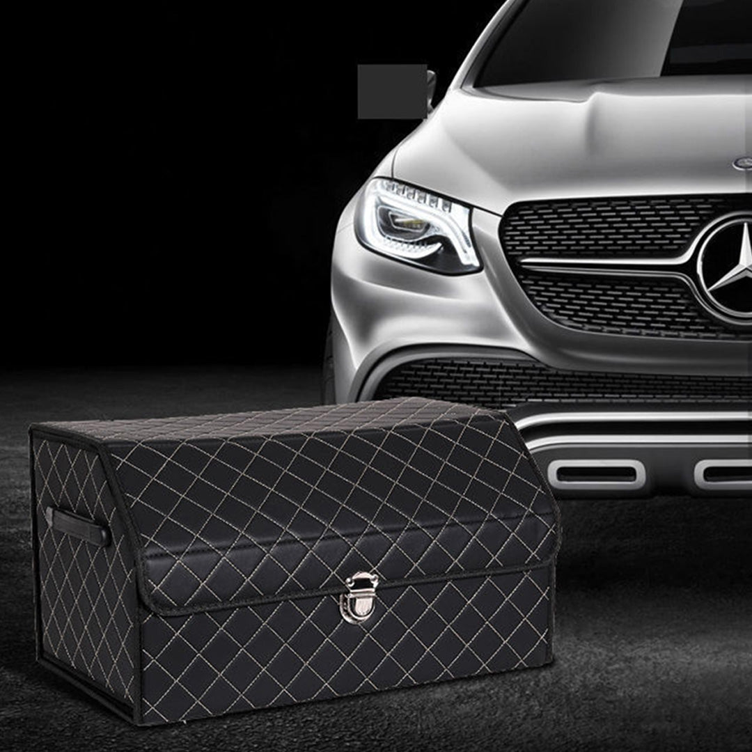 SOGA Leather Car Boot Collapsible Foldable Trunk Cargo Organizer Portable Storage Box Black/White Stitch with Lock Medium • LUZ-StorageBLK387