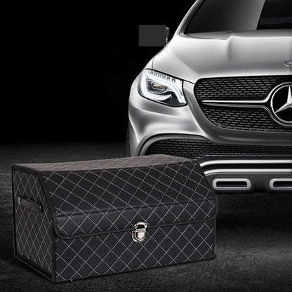 SOGA Leather Car Boot Collapsible Foldable Trunk Cargo Organizer Portable Storage Box Black/White Stitch with Lock Medium • LUZ-StorageBLK387
