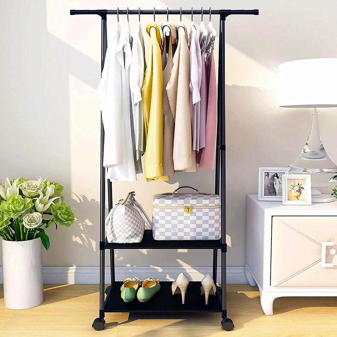 SOGA 2X 2-in-1 Organiser Clothes Shoe Rack Space-Saving Triangular Storage with Wheels Black • LUZ-Rack0012X2