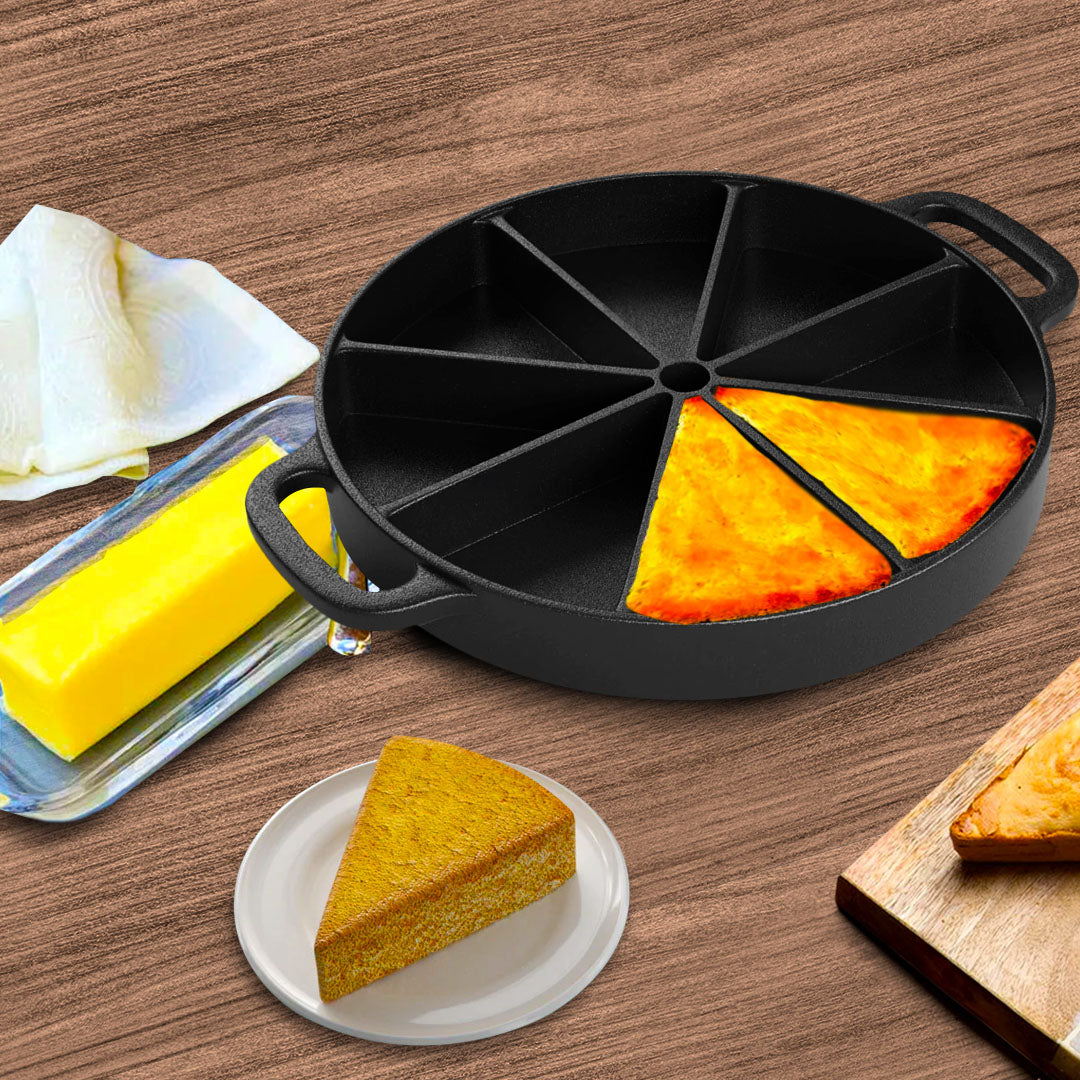 SOGA 21.5CM Round Cast Iron Baking Wedge Pan Cornbread Cake 8-Slice Baking Dish with Handle • LUZ-ZPai017