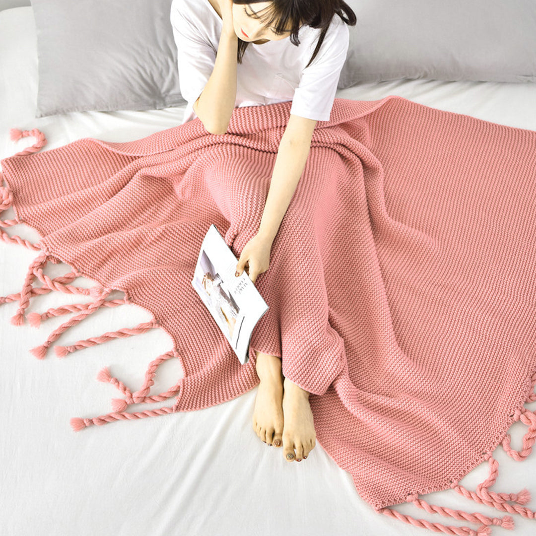SOGA Pink Tassel Fringe Knitting Blanket Warm Cozy Woven Cover Couch Bed Sofa Home Decor • LUZ-Blanket930