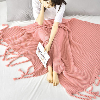 SOGA Pink Tassel Fringe Knitting Blanket Warm Cozy Woven Cover Couch Bed Sofa Home Decor • LUZ-Blanket930